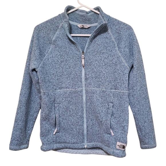 The North Face Light Blue Fleece Jacket Crescent Full Zip Pockets Girls Sz L - Picture 1 of 6